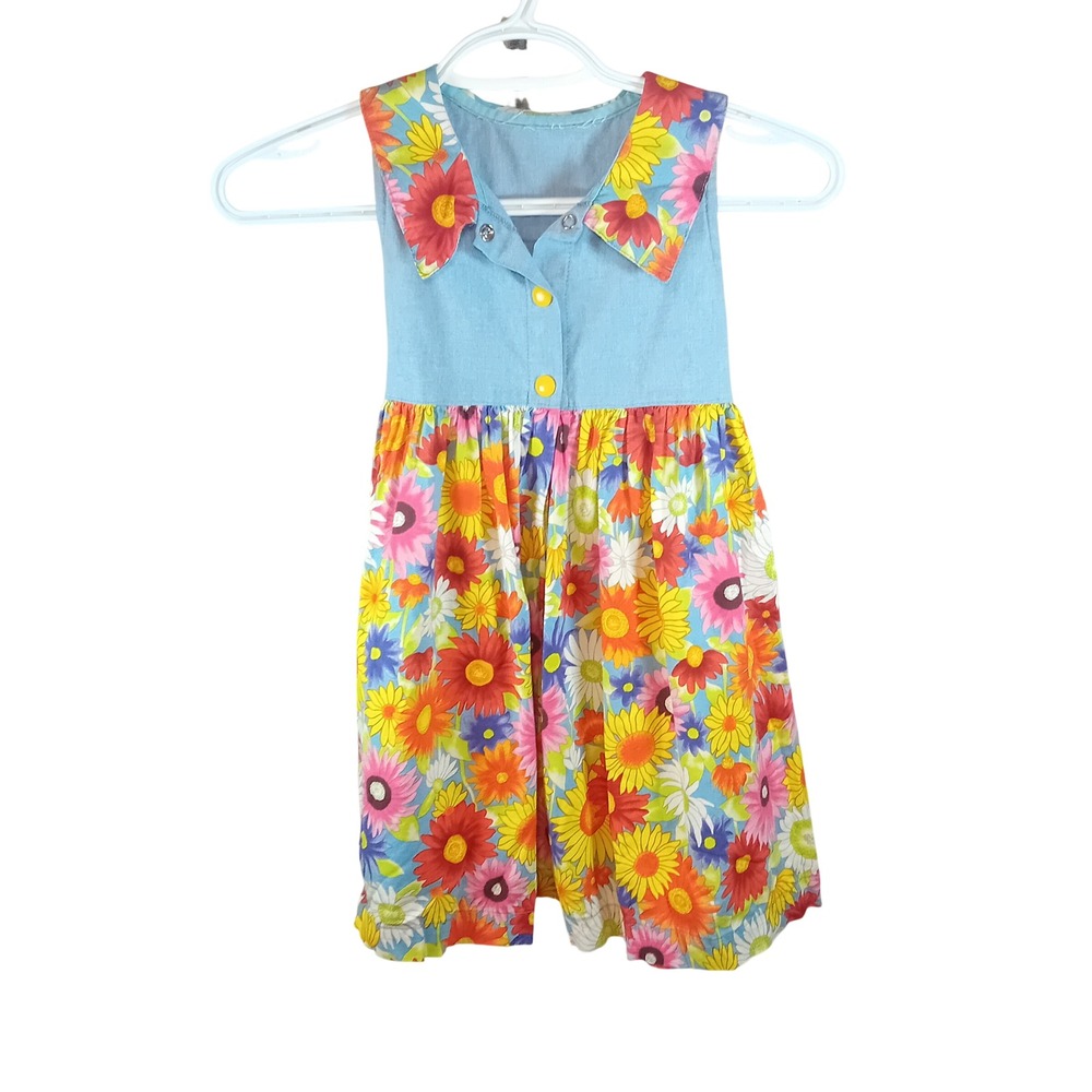 Vintage 90s Y2K Snug As A Bug Girls Floral Denim Dress Retro Kidcore‎ Spring 3-4